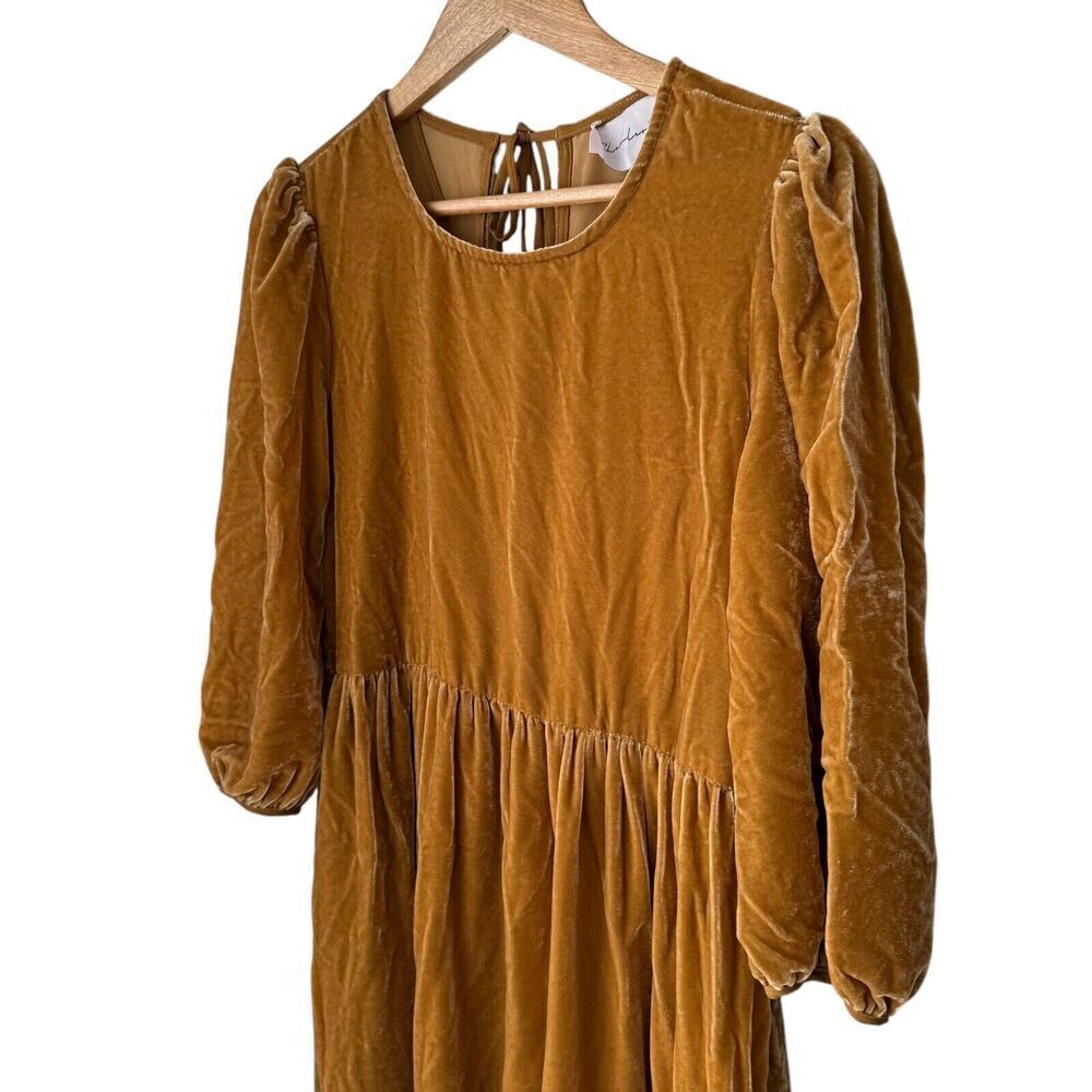 Charles Henry Dress Womens Extra Small Gold Velvet Tie-Back Midi Cottage Priaire - Picture 6 of 16